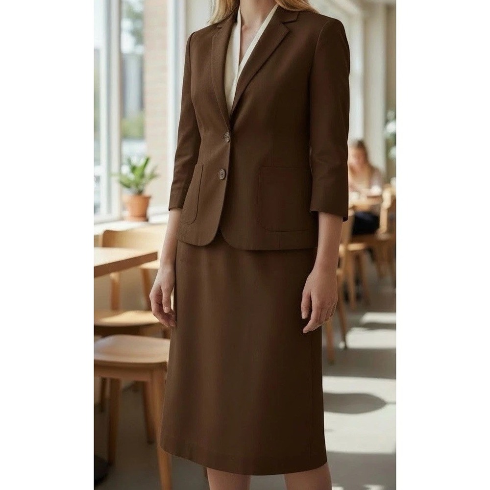 Talbots Skirt Suit 18W Two Piece Set Silk Blazer Skirt Set Chocolate Brown
